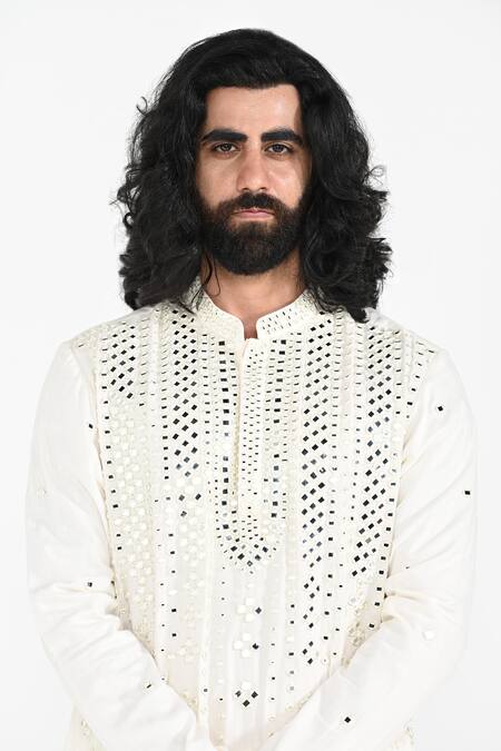 Buy_Kalpana Naik_Ivory Bemberg, Silk, Cotton Embroidery, Mirrors Kurta And Pant Set _Online_at_Aza_Fashions