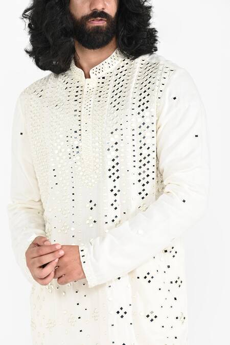 Shop_Kalpana Naik_Ivory Bemberg, Silk, Cotton Embroidery, Mirrors Kurta And Pant Set _Online_at_Aza_Fashions