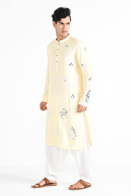 Shop_Kalpana Naik_Yellow Bemberg, Silk Embroidery Lemon Hand Kurta And Salwar Set _Online_at_Aza_Fashions