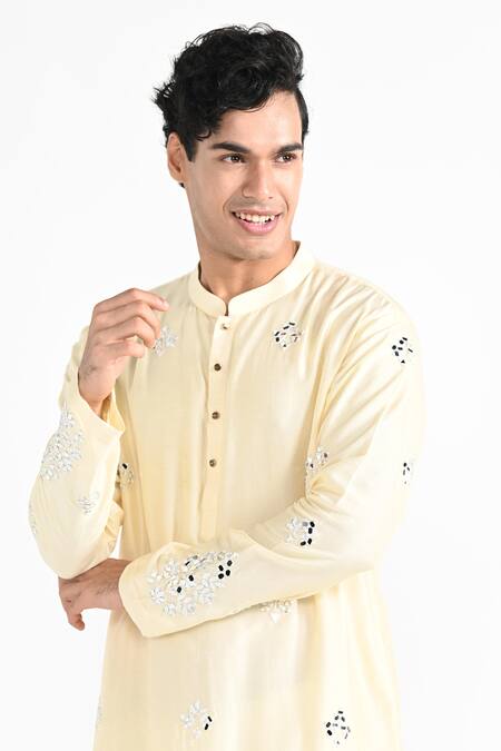 Kalpana Naik_Yellow Bemberg, Silk Embroidery Lemon Hand Kurta And Salwar Set _at_Aza_Fashions
