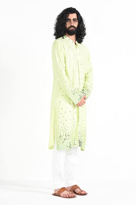 Kalpana Naik_Lime Bemberg, Silk, Cotton Mirrors Green Embroidered Kurta And Pant Pajama Set _Online_at_Aza_Fashions