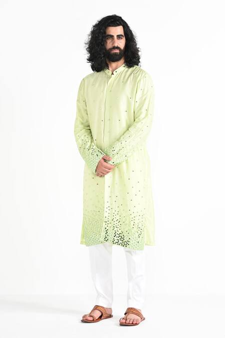 Buy_Kalpana Naik_Lime Bemberg, Silk, Cotton Mirrors Green Embroidered Kurta And Pant Pajama Set _Online_at_Aza_Fashions