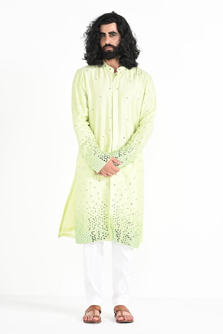 Kalpana Naik Lime Bemberg, Silk, Cotton Mirrors Green Embroidered Kurta And Pant Pajama Set 
