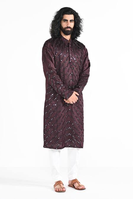 Buy_Kalpana Naik_Purple Linen, Satin, Cotton Plum Kurta With Pant Pyjama _Online_at_Aza_Fashions
