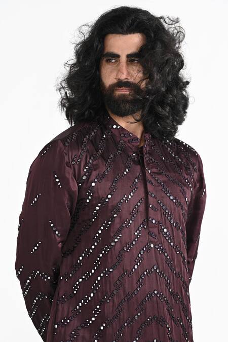 Shop_Kalpana Naik_Purple Linen, Satin, Cotton Plum Kurta With Pant Pyjama _Online_at_Aza_Fashions