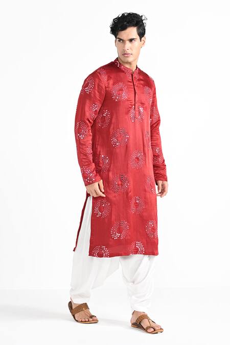 Kalpana Naik_Red Linen, Satin Embroidery, Mirrors Tomato Kurta And Salwar Set _Online_at_Aza_Fashions