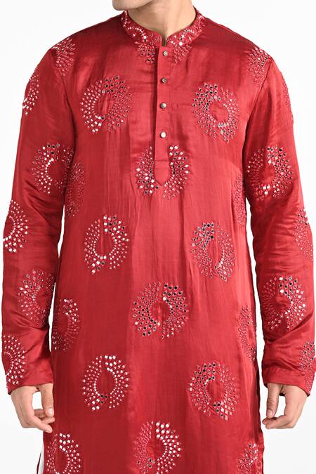 Buy_Kalpana Naik_Red Linen, Satin Embroidery, Mirrors Tomato Kurta And Salwar Set _Online_at_Aza_Fashions