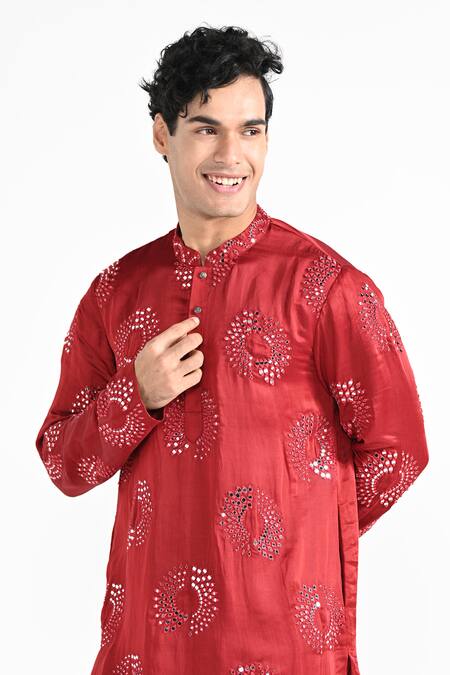 Shop_Kalpana Naik_Red Linen, Satin Embroidery, Mirrors Tomato Kurta And Salwar Set _Online_at_Aza_Fashions