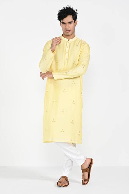 Kalpana Naik_Yellow Bemberg, Silk, Cotton Embroidery Pastel Kurta And Pant Pajama Set _Online_at_Aza_Fashions