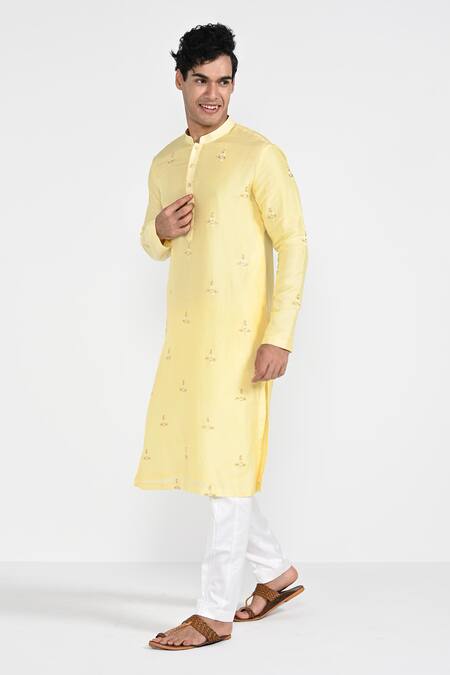 Buy_Kalpana Naik_Yellow Bemberg, Silk, Cotton Embroidery Pastel Kurta And Pant Pajama Set _Online_at_Aza_Fashions