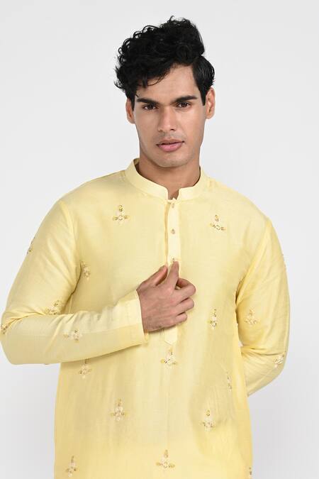 Kalpana Naik_Yellow Bemberg, Silk, Cotton Embroidery Pastel Kurta And Pant Pajama Set _at_Aza_Fashions