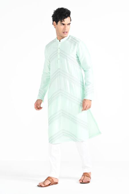 Kalpana Naik_Mint Chanderi Silk, Cotton Embroidery Mist Green Hand Kurta Set _Online_at_Aza_Fashions
