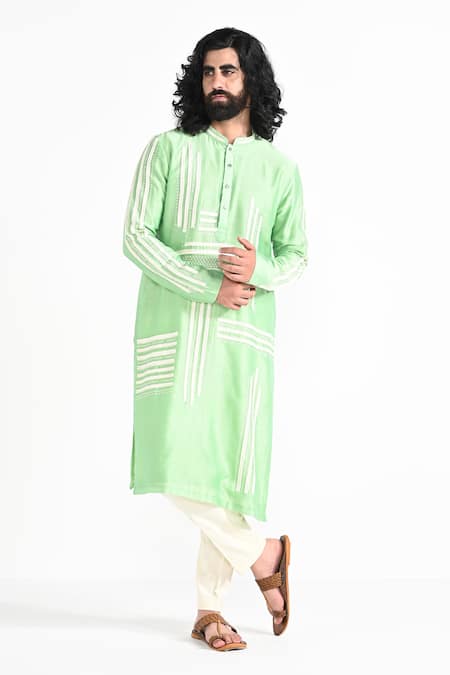 Kalpana Naik Light Pea Green Chanderi Silk Hand Embroidered Kurta Set 