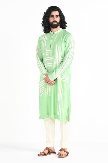 Kalpana Naik_Green Chanderi Silk, Cotton Embroidery Light Pea Hand Kurta Set _Online_at_Aza_Fashions