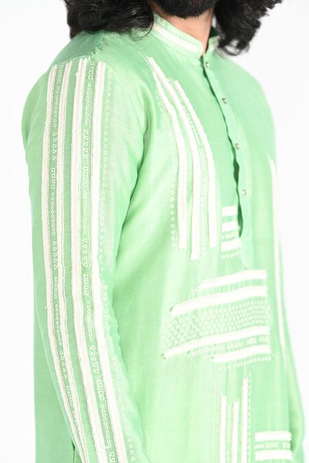Shop_Kalpana Naik_Green Chanderi Silk, Cotton Embroidery Light Pea Hand Kurta Set _Online_at_Aza_Fashions