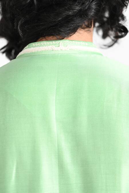 Kalpana Naik_Green Chanderi Silk, Cotton Embroidery Light Pea Hand Kurta Set _at_Aza_Fashions