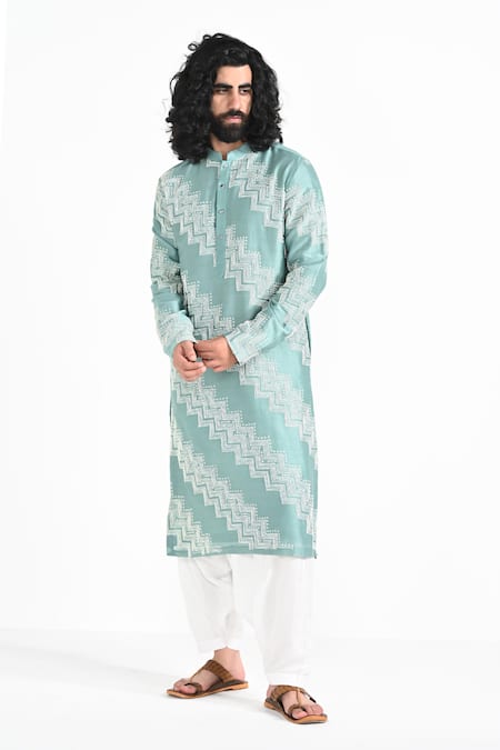 Kalpana Naik_Emerald Green Chanderi , Embroidery Hand Kurta And Salwar Set _Online_at_Aza_Fashions