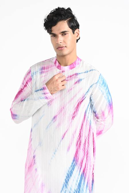 Shop_Kalpana Naik_Pink Bemberg, Silk, Cotton And Blue Hand Kurta & Pant Set _Online_at_Aza_Fashions