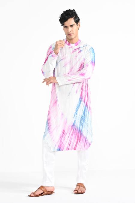Kalpana Naik_Pink Bemberg, Silk, Cotton And Blue Hand Kurta & Pant Set _at_Aza_Fashions