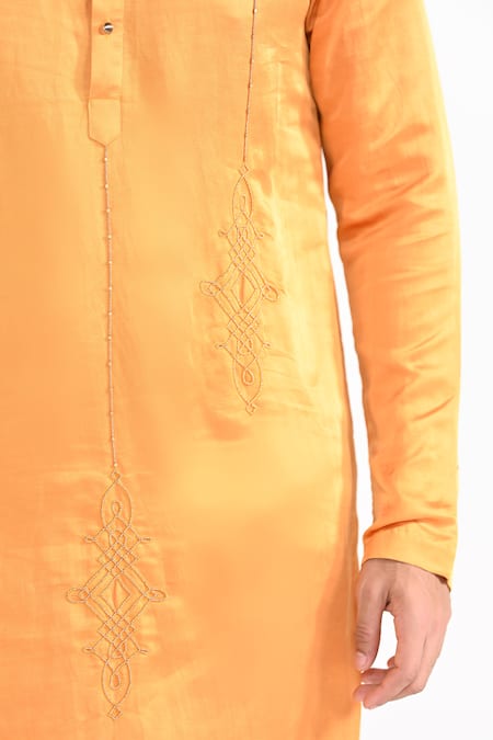 Kalpana Naik_Yellow Linen, Satin, Cotton Embroidery Goldfinch Hand Kurta Set _at_Aza_Fashions