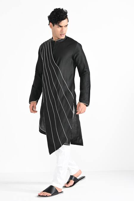 Kalpana Naik_Black Linen, Satin, Cotton Embroidery Sufi Cord Kurta And Pant Pajama Set _Online_at_Aza_Fashions