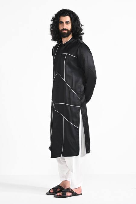 Kalpana Naik_Black Linen, Satin, Bemberg, Silk Piping, Embroidery Hand Kurta And Salwar Set _Online_at_Aza_Fashions