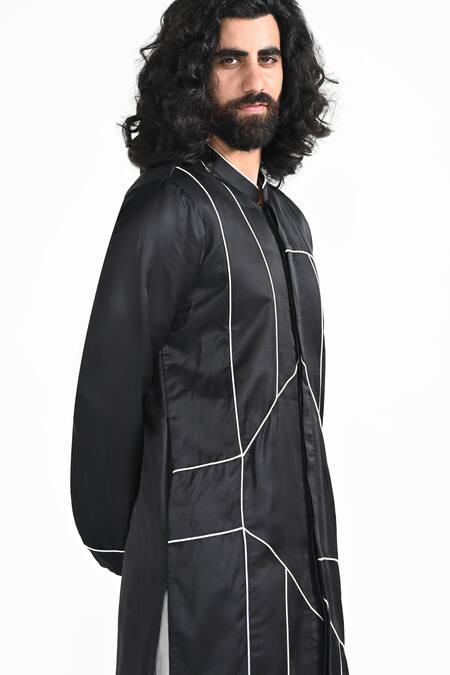 Buy_Kalpana Naik_Black Linen, Satin, Bemberg, Silk Piping, Embroidery Hand Kurta And Salwar Set _Online_at_Aza_Fashions