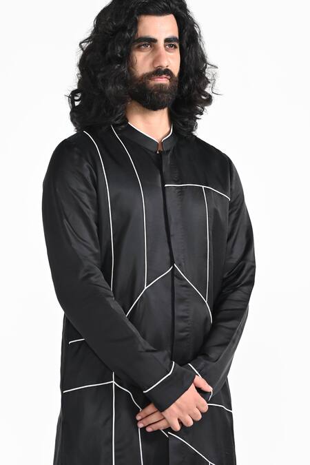 Shop_Kalpana Naik_Black Linen, Satin, Bemberg, Silk Piping, Embroidery Hand Kurta And Salwar Set _Online_at_Aza_Fashions