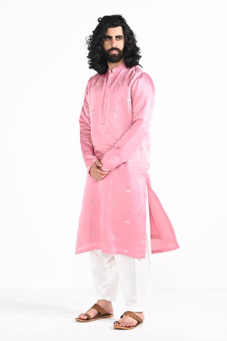 Buy_Kalpana Naik_Pink Linen, Satin, Bemberg, Silk Embroidery Marvelous Hand Kurta Set _Online_at_Aza_Fashions