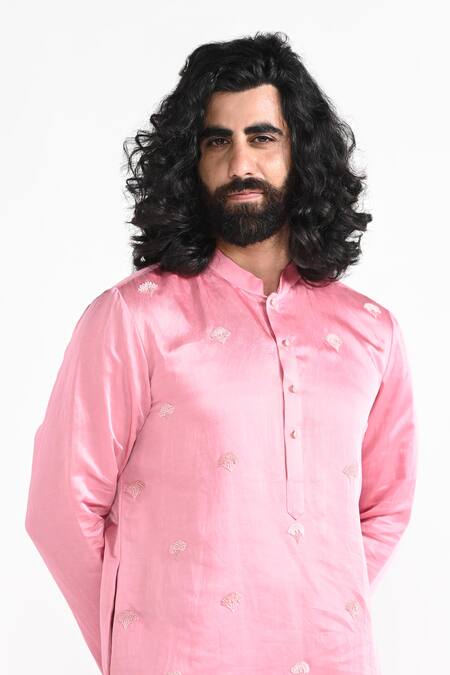 Shop_Kalpana Naik_Pink Linen, Satin, Bemberg, Silk Embroidery Marvelous Hand Kurta Set _Online_at_Aza_Fashions