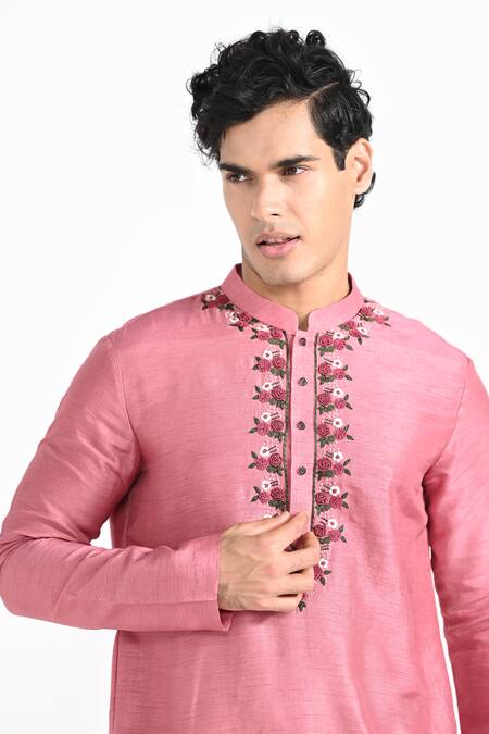 Buy_Kalpana Naik_Pink Bemberg, Silk, Cotton Embroidery Salmon Hand Kurta Set _Online_at_Aza_Fashions
