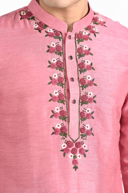 Kalpana Naik_Pink Bemberg, Silk, Cotton Embroidery Salmon Hand Kurta Set _at_Aza_Fashions