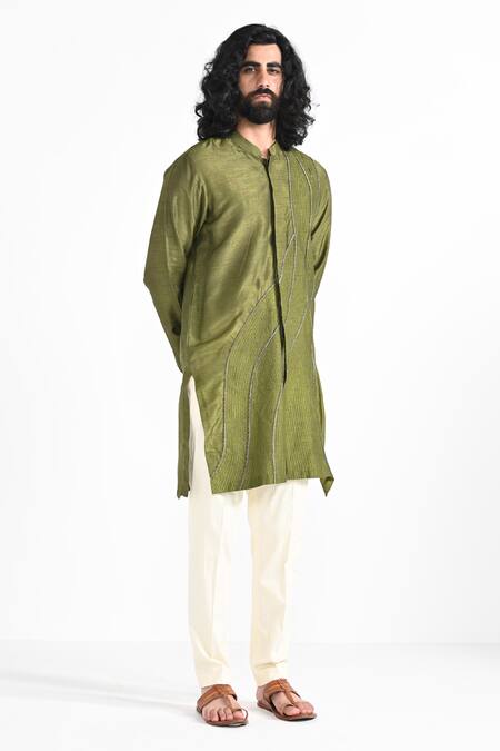 Kalpana Naik_Olive Green Bemberg, Silk, Cotton Embroidery Hand Kurta And Pant Set _Online_at_Aza_Fashions