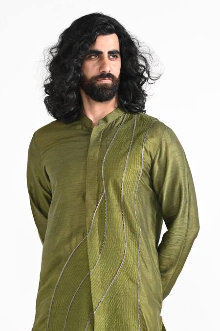 Shop_Kalpana Naik_Olive Green Bemberg, Silk, Cotton Embroidery Hand Kurta And Pant Set _Online_at_Aza_Fashions