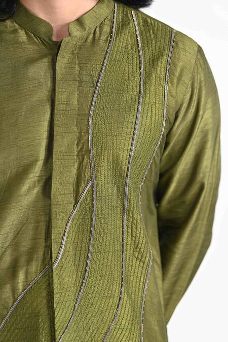 Kalpana Naik_Olive Green Bemberg, Silk, Cotton Embroidery Hand Kurta And Pant Set _at_Aza_Fashions