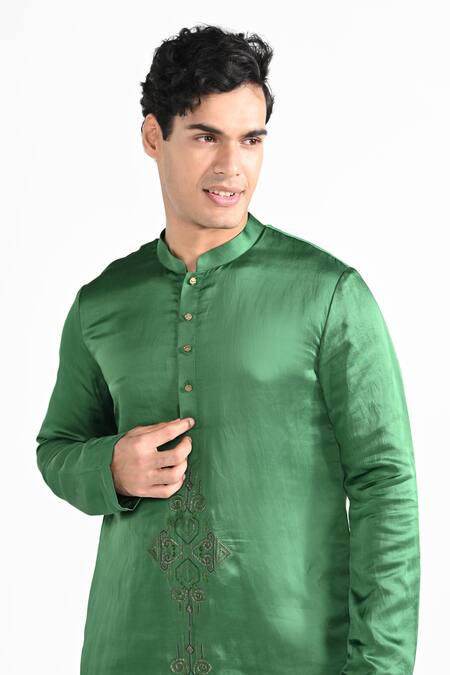 Buy_Kalpana Naik_Green Linen, Satin, Cotton Embroidery Forest Hand Kurta Set _Online_at_Aza_Fashions