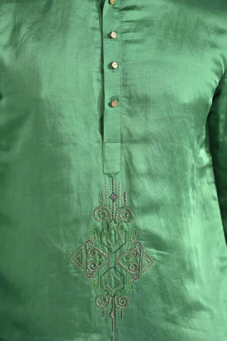 Shop_Kalpana Naik_Green Linen, Satin, Cotton Embroidery Forest Hand Kurta Set _Online_at_Aza_Fashions