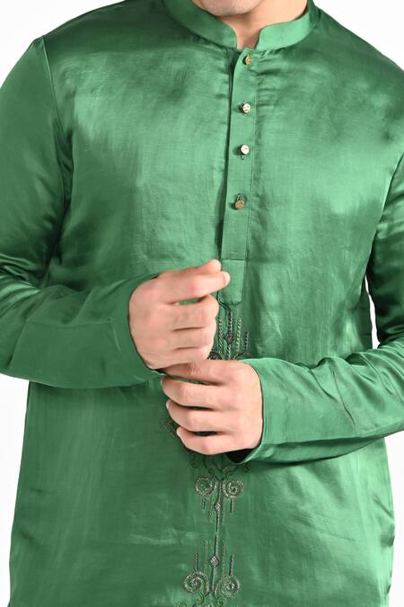 Kalpana Naik_Green Linen, Satin, Cotton Embroidery Forest Hand Kurta Set _at_Aza_Fashions