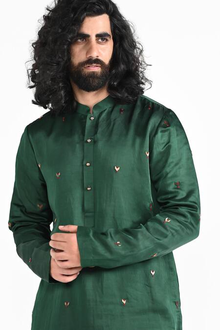 Buy_Kalpana Naik_Green Linen, Satin, Cotton Embroidery Sacred Hand Kurta Set _Online_at_Aza_Fashions