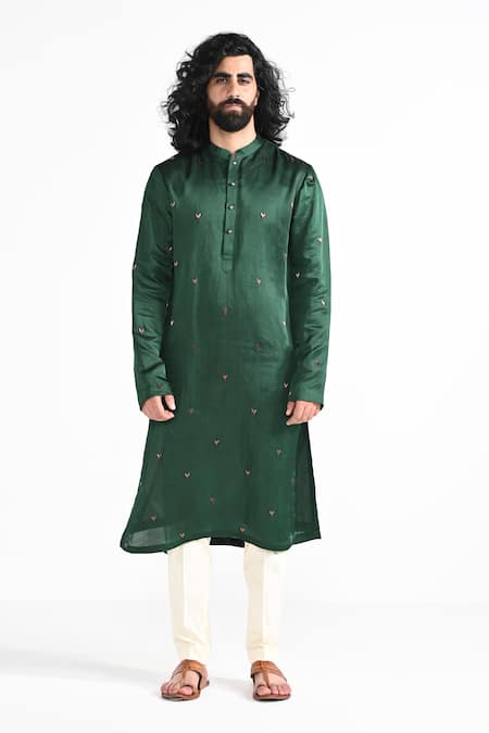 Shop_Kalpana Naik_Green Linen, Satin, Cotton Embroidery Sacred Hand Kurta Set _Online_at_Aza_Fashions