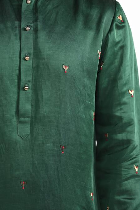 Kalpana Naik_Green Linen, Satin, Cotton Embroidery Sacred Hand Kurta Set _at_Aza_Fashions