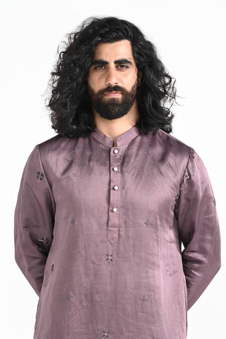 Kalpana Naik_Pink Linen, Satin, Cotton Embroidery Twilight Kurta And Pant Pajama Set _Online_at_Aza_Fashions