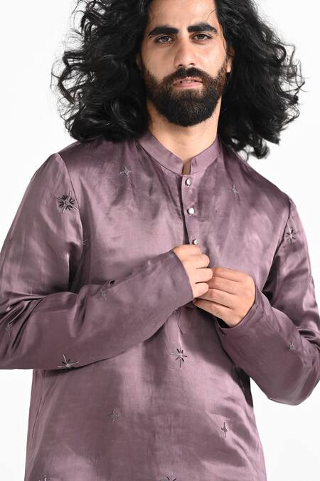 Kalpana Naik_Pink Linen, Satin, Cotton Embroidery Twilight Kurta And Pant Pajama Set _at_Aza_Fashions