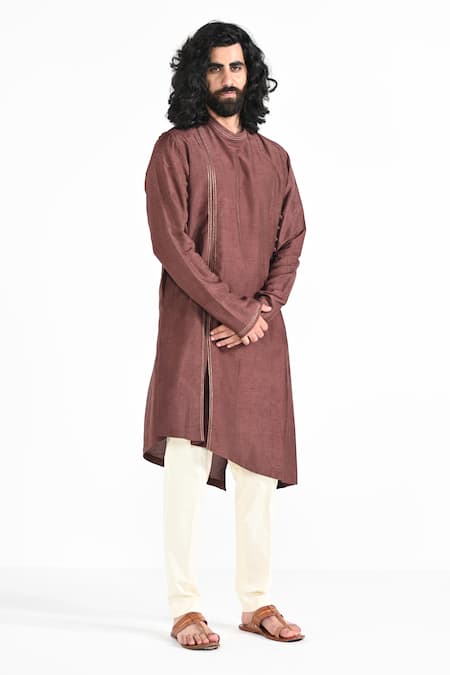 Shop_Kalpana Naik_Brown Bemberg, Silk, Cotton Embroidery Pecan Pleated Hand Kurta Set _Online_at_Aza_Fashions
