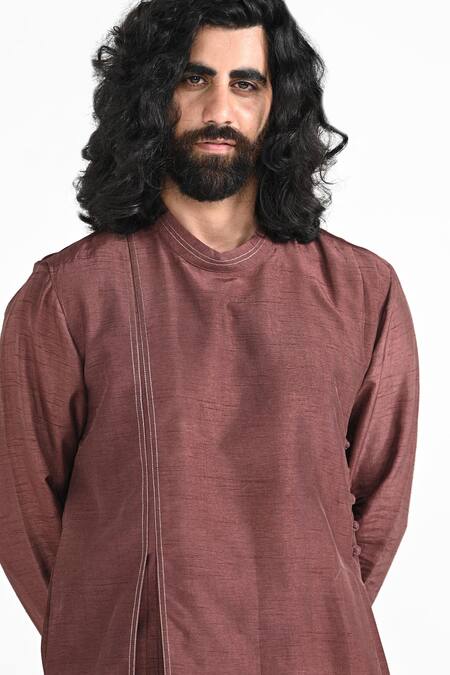 Kalpana Naik_Brown Bemberg, Silk, Cotton Embroidery Pecan Pleated Hand Kurta Set _at_Aza_Fashions