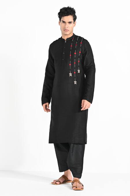 Kalpana Naik_Black Bemberg, Silk, Cotton Embroidery Poker Hand Kurta Set _Online_at_Aza_Fashions