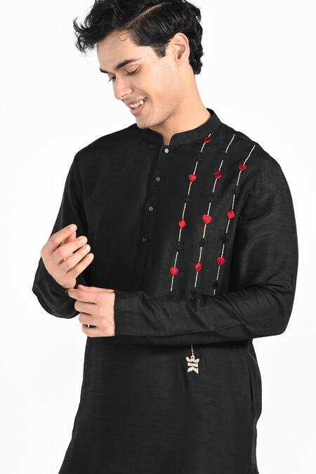 Shop_Kalpana Naik_Black Bemberg, Silk, Cotton Embroidery Poker Hand Kurta Set _Online_at_Aza_Fashions