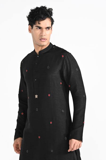 Shop_Kalpana Naik_Black Bemberg, Silk Embroidery Poker Hand Kurta And Salwar Set _Online_at_Aza_Fashions