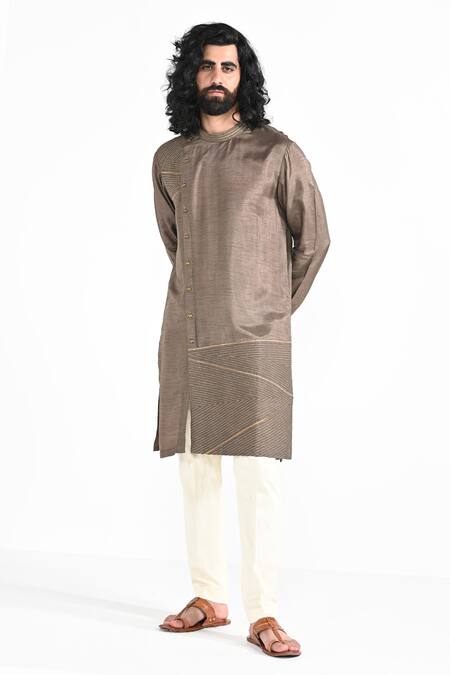 Kalpana Naik_Brown Bemberg, Silk, Cotton Embroidery Dark Oak Hand Kurta Set _Online_at_Aza_Fashions