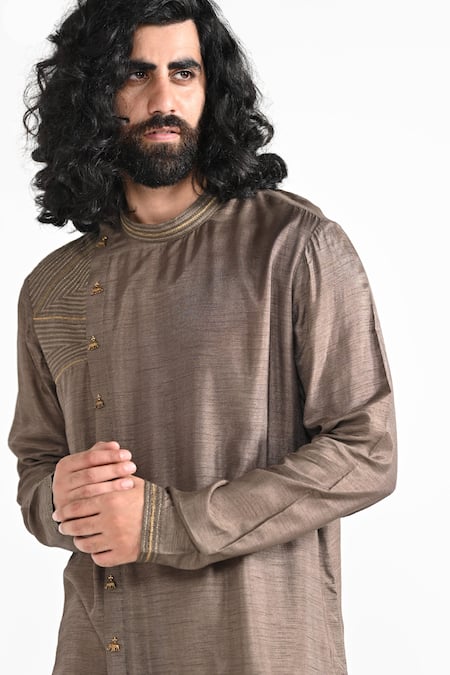 Shop_Kalpana Naik_Brown Bemberg, Silk, Cotton Embroidery Dark Oak Hand Kurta Set _Online_at_Aza_Fashions
